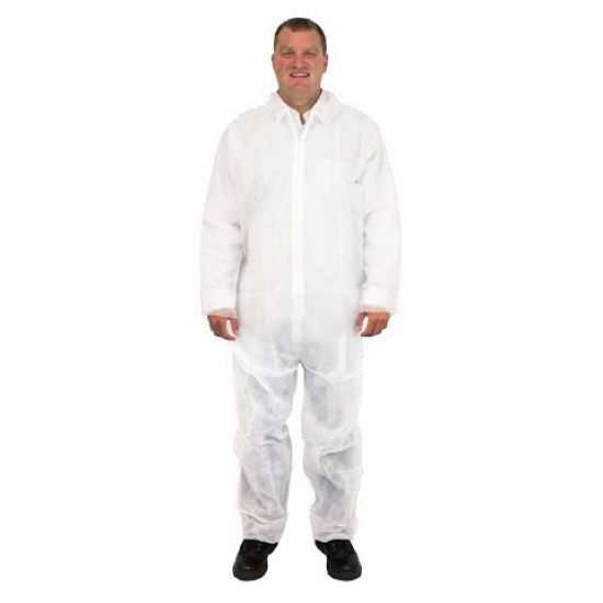 DISPOSABLE COVERALL - WHITE - POLYPROPYLENE W/O HOOD&BOOTS -NO ELASTIC AT WRISTS OR ANKLES 25/CS MD -4X
