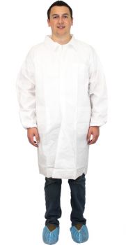 LAB COAT - WHITE BREATHABLE MICRO FILM MATERIAL - W/ SNAPS AND 3 POCKETS - INDIVIDUALLY PACKAGED 30/CS